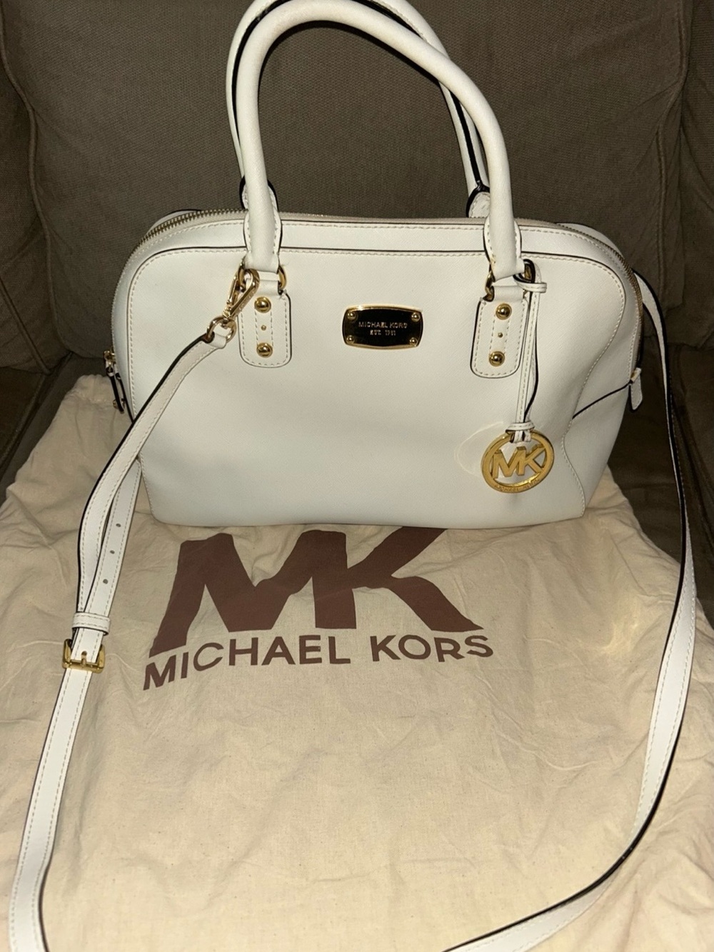 Michael Kors White Leather Satchel with Gold Accent Hardware